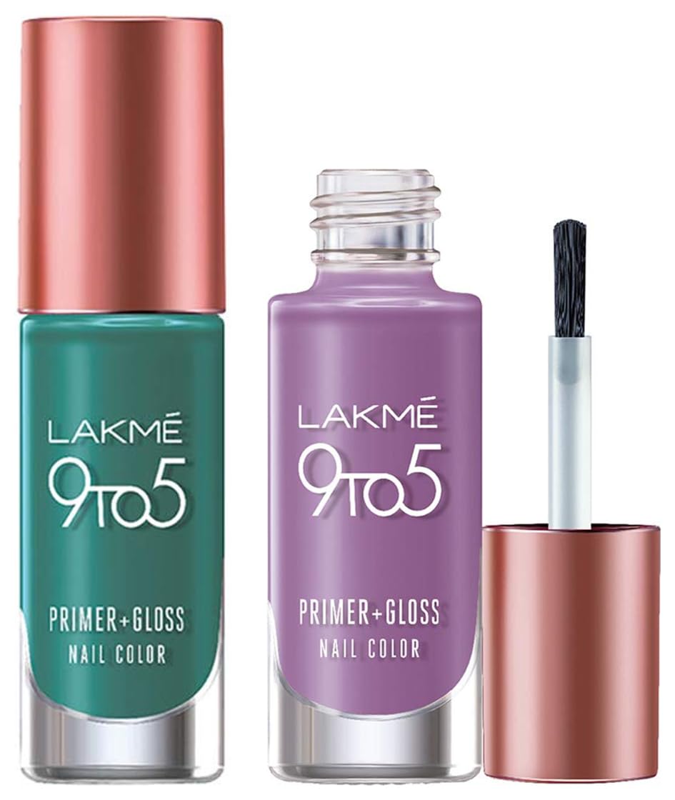 LAKMÉ 9 To 5 Primer + Gloss Glossy Finish Nail Colour, Teal Deal, 6 Ml And Lakme 9 To 5 Primer + Gloss Nail Colour, Lilac Link, 6 Ml