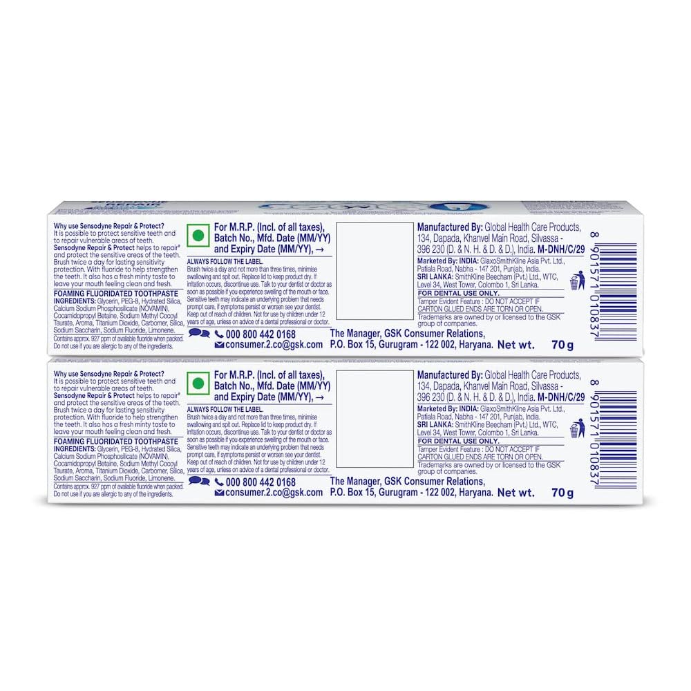 Sensodyne Toothpaste Repair & Protect Combo pack, tooth paste for deep repair of sensitive teeth, 140 gm multi-pack (70 gm x 2)
