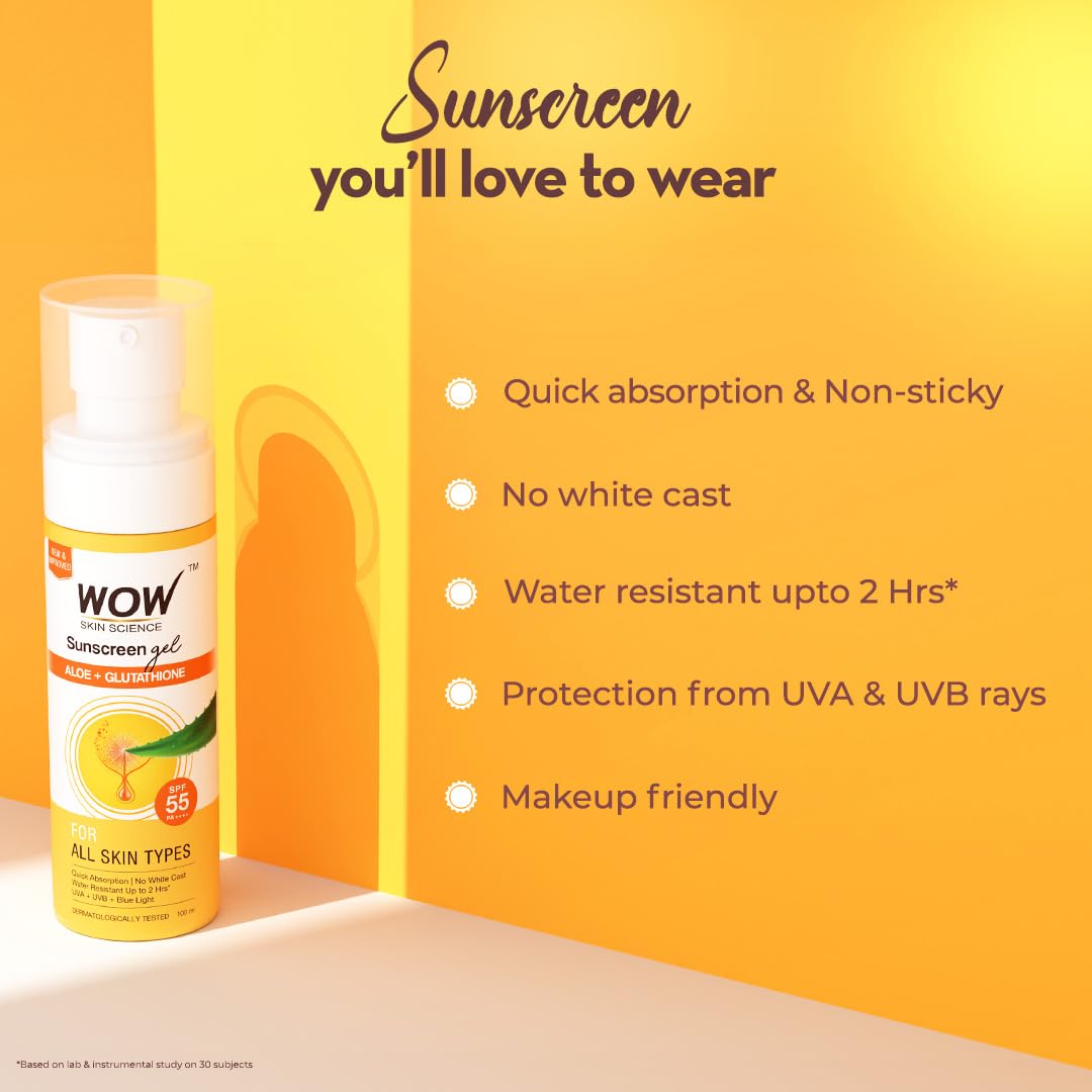 WOW Skin Science Sunscreen Gel For All Skin Types | SPF 55 PA++++ | With Glutathione & Aloe Vera Extract | Lightweight | Quick Absorbing | No White Cast | UVA & UVB Protection | 100 ml