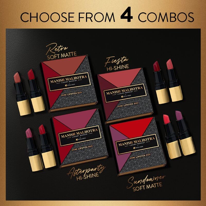 MyGlamm Manish Malhotra Hi Shine Mini Lipstick Set - Fiesta - 1.5g (Set of 2) | Blackberry & Flesh Pink Shade Lipsticks Combo | Long Lasting Lustrous Cream Finish