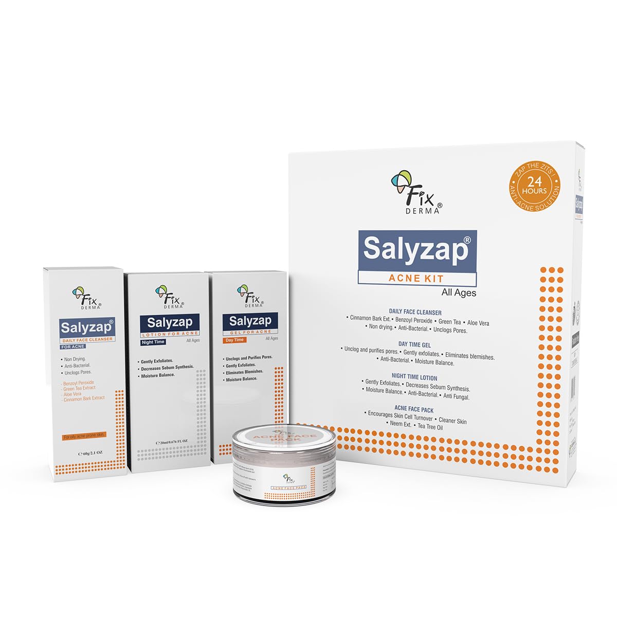 Fixderma Salyzap Acne Kit, Acne Kit for Face, Acne Control Kit, Complete Skincare Regimen for Acne and Dark Spots, Includes Salyzap Facewash, Day time gel, Night time gel and Face pack,