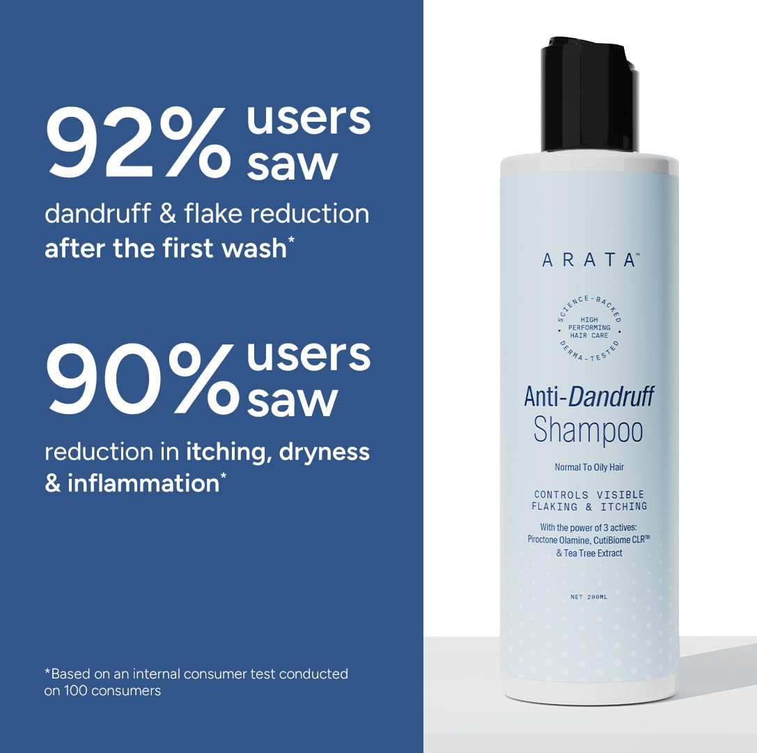 Arata Anti-Dandruff Shampoo for Women and Men I With Piroctone Olamine |Up To 100% Dandruff Reduction I Soothes Dry Flaky Scalp and Itching I Ideal For Dandruff Cure | 200 ML