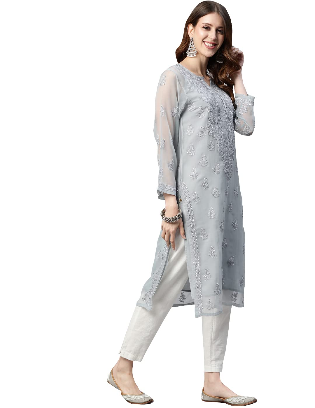 Ada Lucknowi Hand Embroidered Chikankari Women's  Georgette Kurta Kurti with Slip