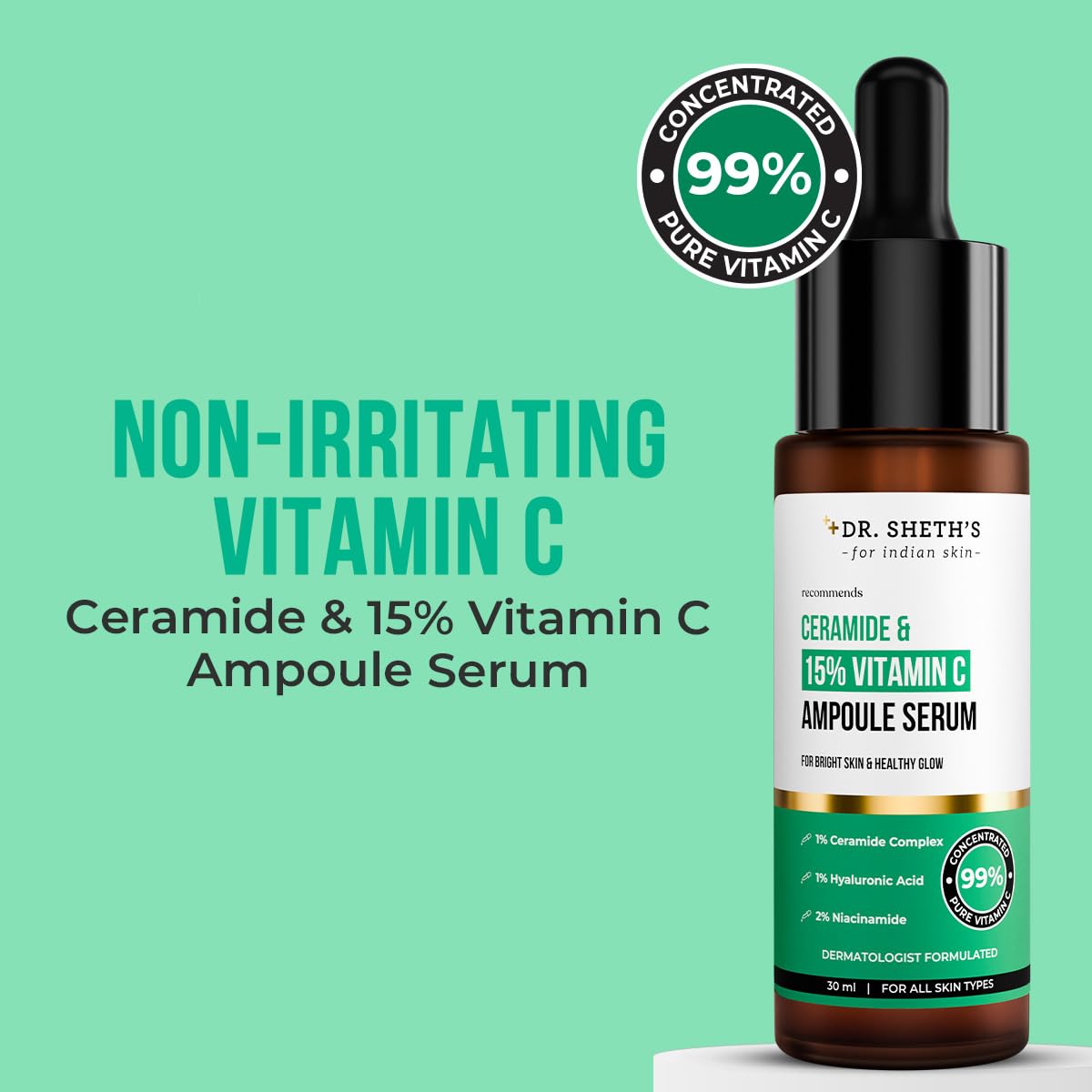 Dr. Sheth's Non-Irritating Ceramide & 15% Vitamin C Ampoule Serum| Reduces Dullness & Dark Spots| Brightens & Repairs Skin Barrier |For Advance Users| 99% Pure Grade Vitamin C |All Skin Types |30 ml