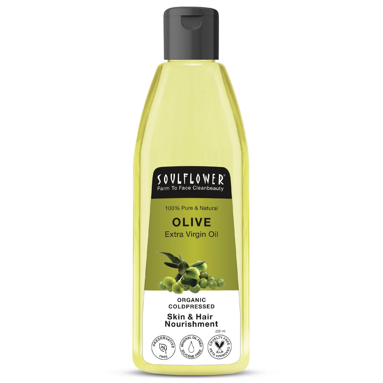 Soulflower Olive Hair & Skin Oil | 225ml | Cold-Pressed Oil for Hair Growth, Face Massage & Deep Moisturization | Reduces Wrinkles, Nourishes Scalp & Strengthens Roots | 100% Pure & Natural with Vitamin E