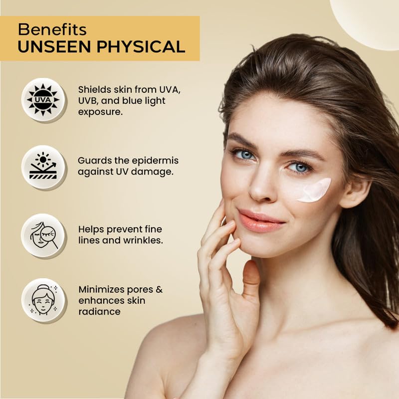 AVEIL All Skin Unseen Physical Sunscreen SPF 50 PA +++|50ml|UVA, UVB & Blue Light Protection|No White Cast|Water & Sweat Resistant|Hydrating Sunscreen|Prevents Fine Lines & Wrinkles|Pack of 1