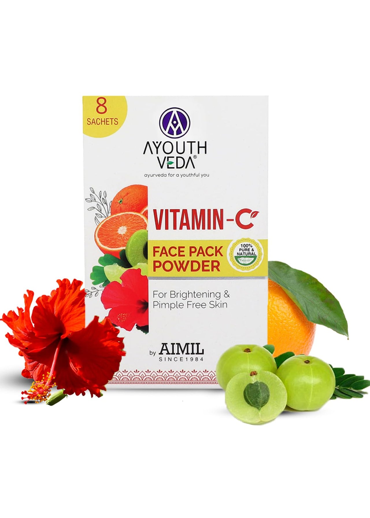 Ayouthveda Vitamin C Face Pack Powder Men & Women | Helps to reduce Pigmentation & Acne & Enhances skin Glow|Enriched with Fruits and Herbs | Makes Skin Soft & Supple (10g X 8 Sachets)(Pack Of 1)
