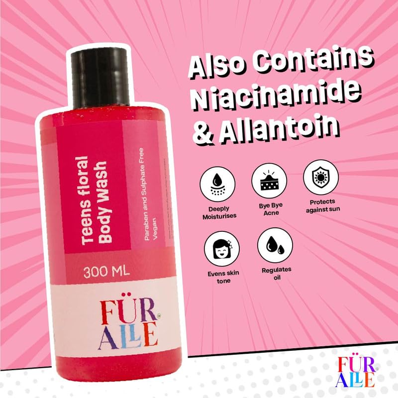 FurAlle Teens Floral Body Wash 300ml | Natural Bodywash with Aloe Vera, Oriental Lily, Nutmeg, Oats & Berry | Gentle & Natural Daily Shower Gel for Kids | Fresh, Refreshing Bodywash For Boys & Girls