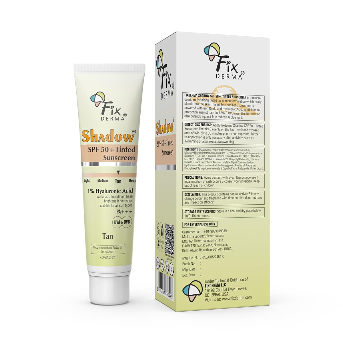 Fixderma Shadow Tinted Sunscreen Tan SPF 50 PA+++ | 1% Hyaluronic Acid & Vitamin E | Brightens & Nourishes the Skin | UVA & UVB Protection | Lightweight | No White Cast | For All Skin Types - 30gm