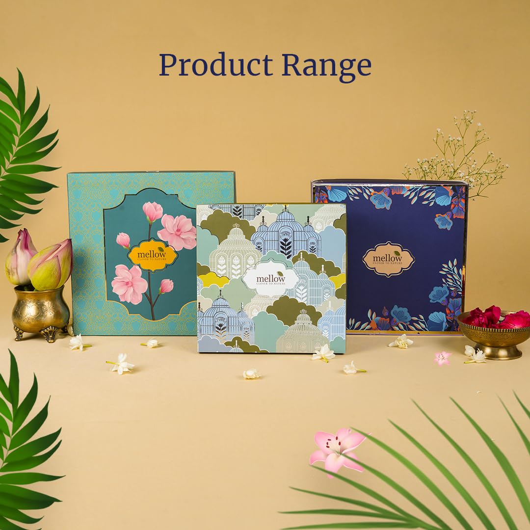Mellow Must Have Eessential Gift Box | Rose water-100ml, Marigold & mint facewash-100ml, Chocolate and almond Scrub Soap with wooden soap tray-100g, Green apple Body Lotion-100ml, Lip cure-12g
