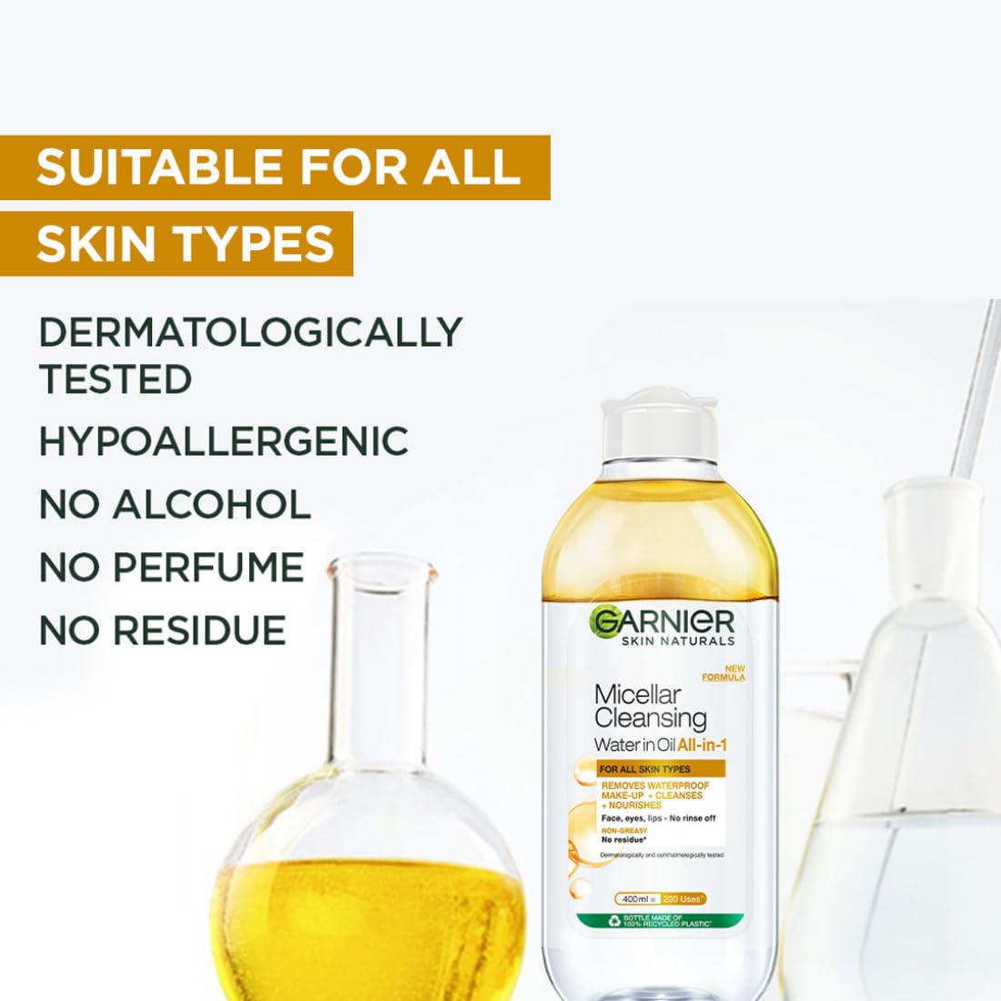 Garnier Skin Naturals, Cleansing Water for Waterproof Makeup, Nourishing Formula, Micellar Oil-Infused Cleansing Water, 400ml