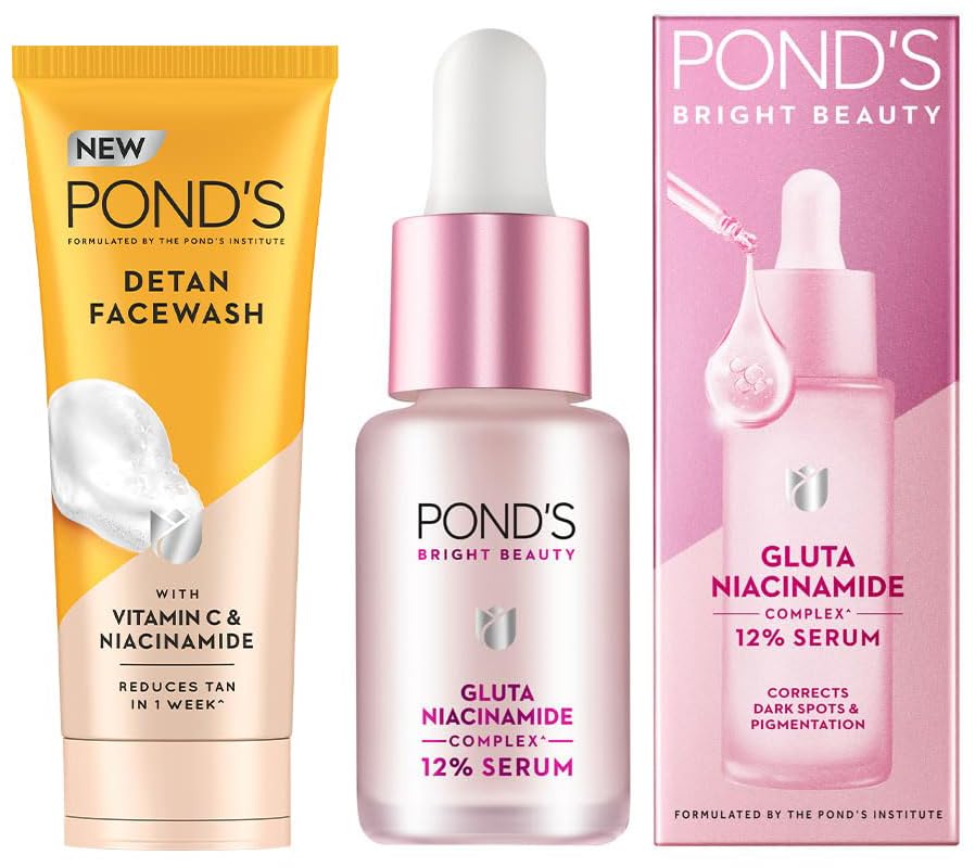 Pond's Detan Facewash for Tan Reduction & Pond's Bright Beauty Anti-Pigmentation Serum 14ml