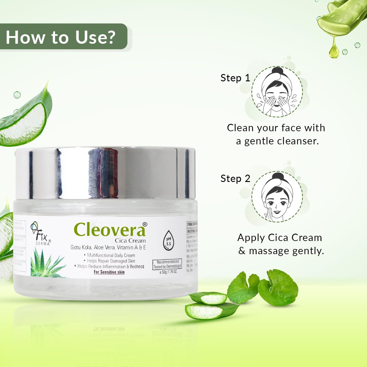 Fixderma Cleovera Cica Cream for Face with Gotu Kola, Aloevera, Vitamin A & E | Damage Skin Repair Face Cream | Suitable for Sensitive, Dry & Damaged Skin - 50g