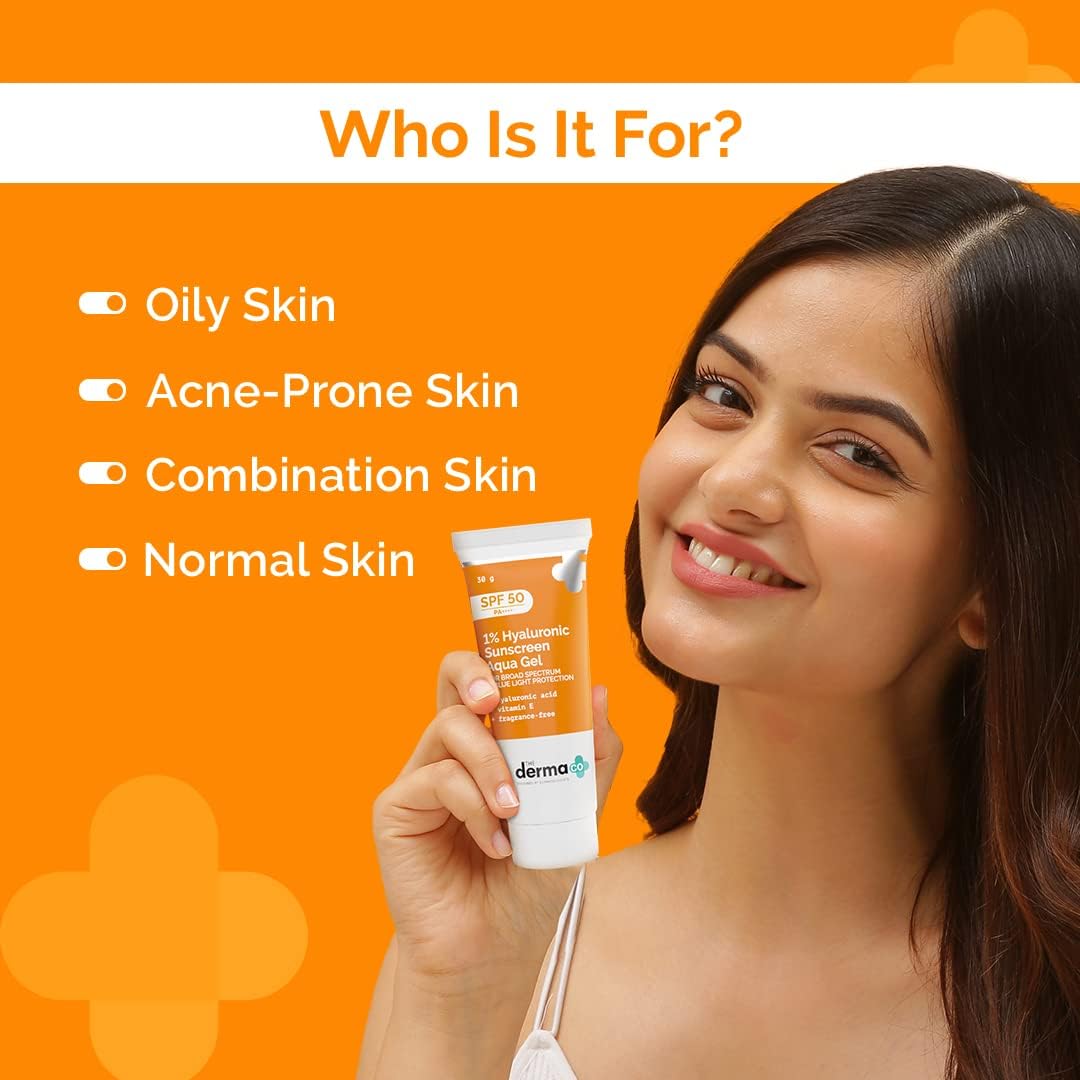 The Derma Co 1% Hyaluronic Sunscreen SPF 50 Aqua Gel, PA++++, Lightweight, No white-cast for Broad Spectrum & Blue Light Protection for Oily, Dry, Acne-prone Skin - 30g (Pack of 3)