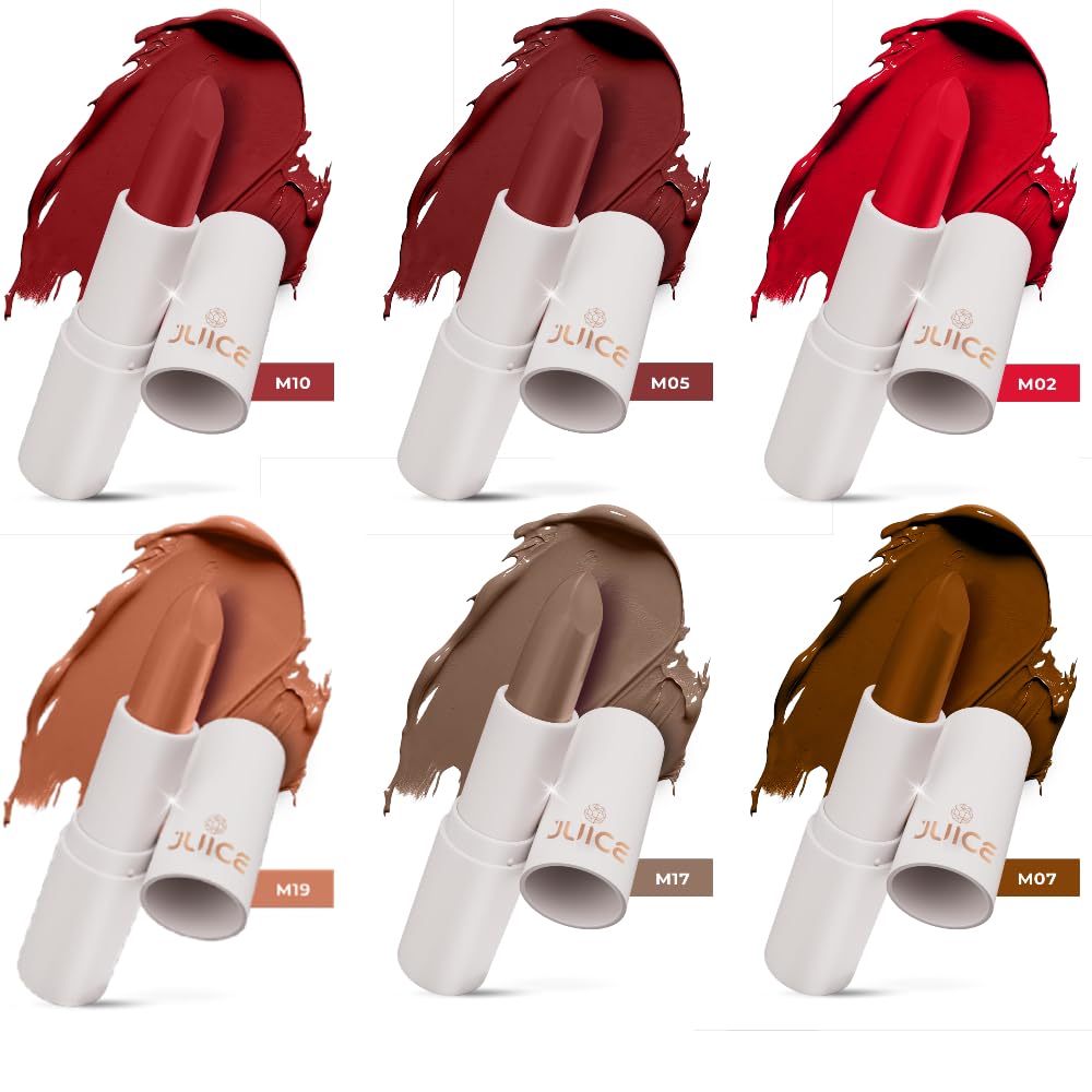 Juice Kiss Sensation Lipstick with Goodness of Bio Retinol & UV Protection, Pack of 6 (Red Carpet - M02, Marooned - M05, Merlot - M07, Party Pink - M10, Browned - M17, Balmy Brown - M19)