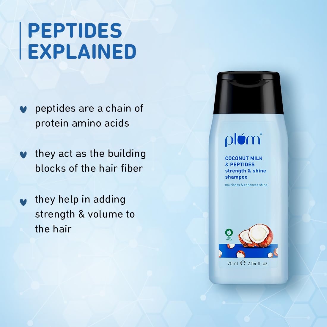 Plum Coconut Milk & Peptides Shampoo for Dry & Frizzy Hair | Provides 22X Shiny & Softer Hair | Paraben-Free | Hair Shampoo for Women & Men | for Straight, Wavy & Rough Hair | pH Balanced | 75ml