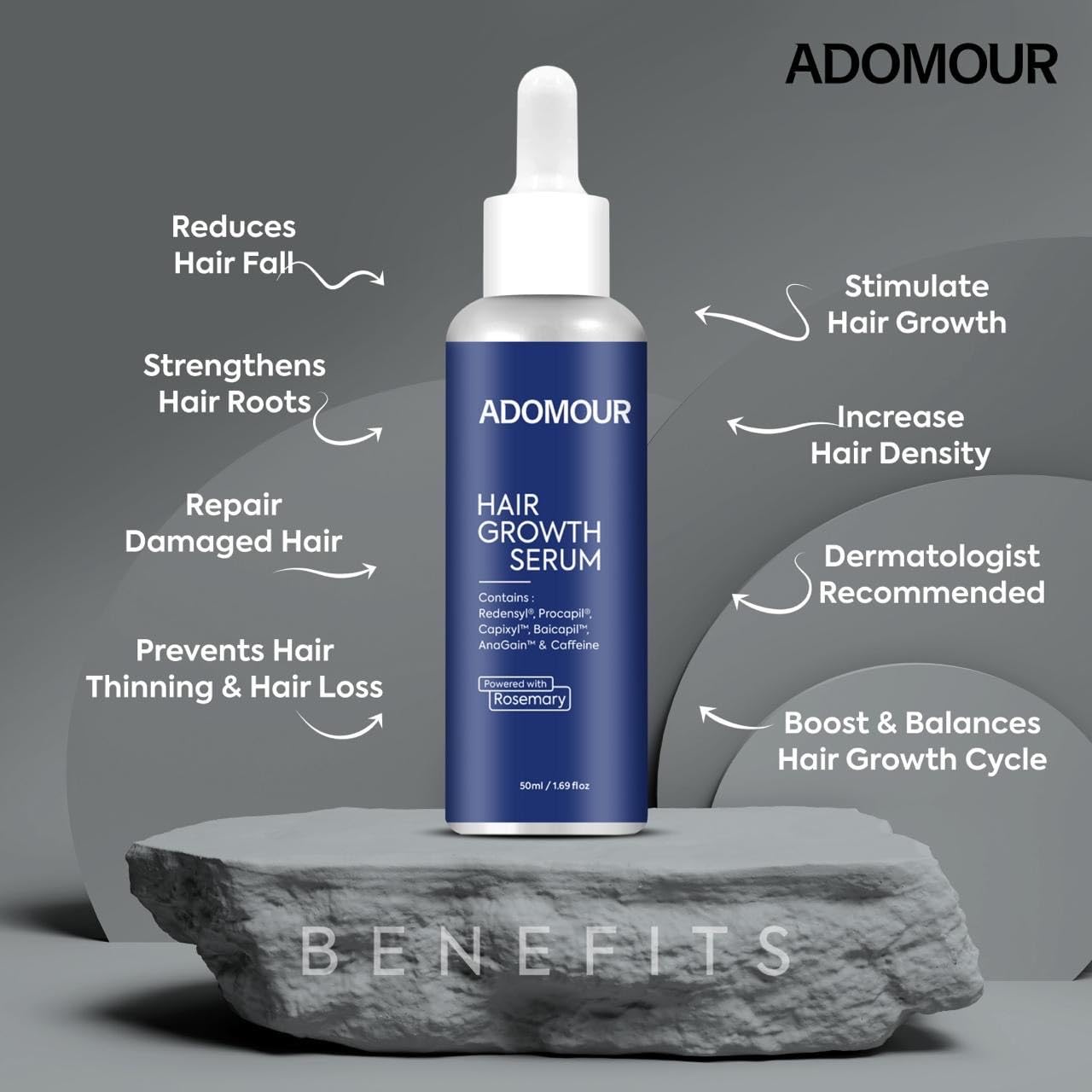 Adomour Hair Growth Serum with Rosemary, Redensyl, Procapil, Strengthens Hair Roots & Improves Hair Density | Hair regrowth & Hair fall control serum for Men & Women | Natural DHT Blocker | 50ml