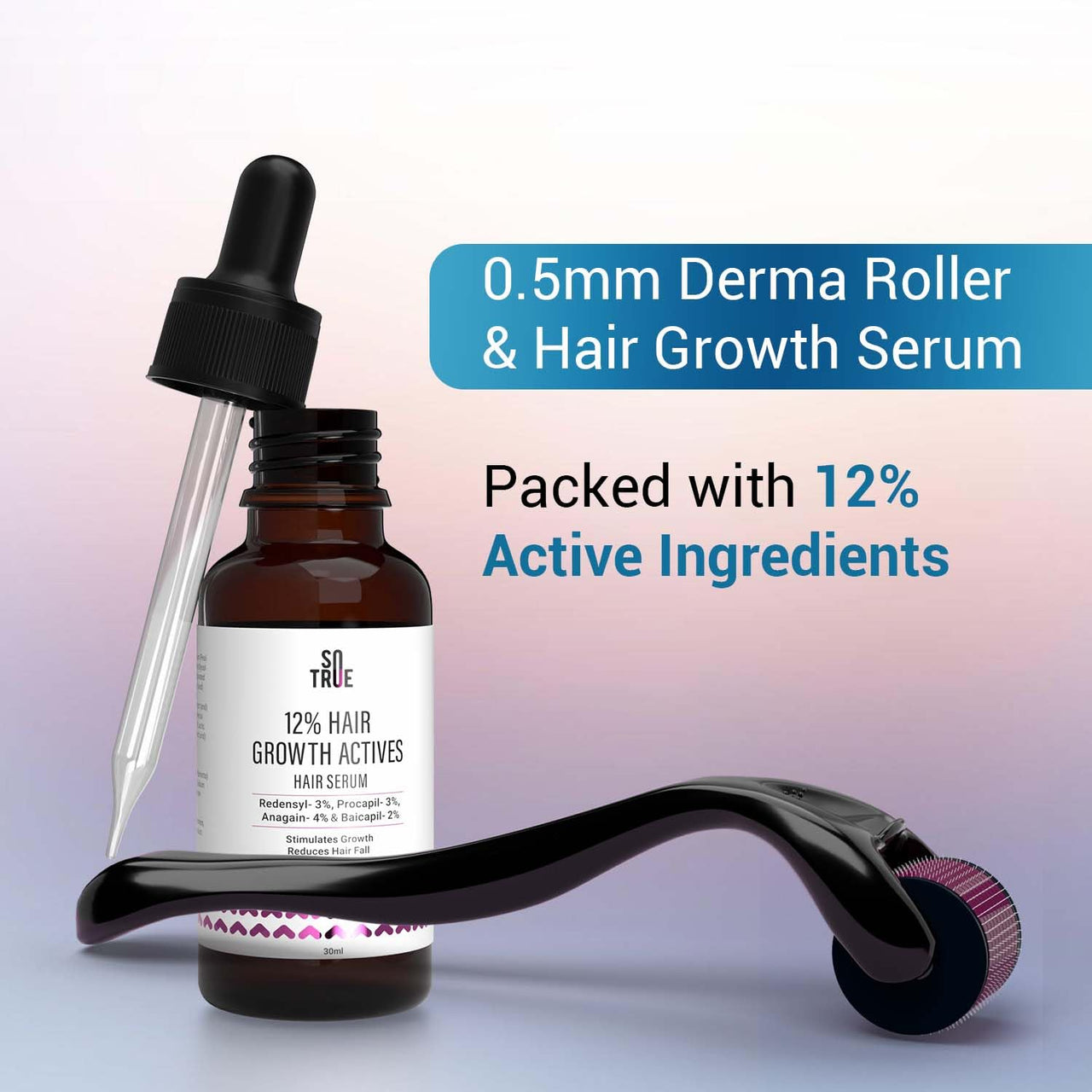 Sotrue Derma Roller 0.5mm with Hair Growth Serum 30ml | 540 Stainless Steel Needles | Derma Roller for Hair Growth & Thickening, Repair Damages with 12% Growth Actives (Black)