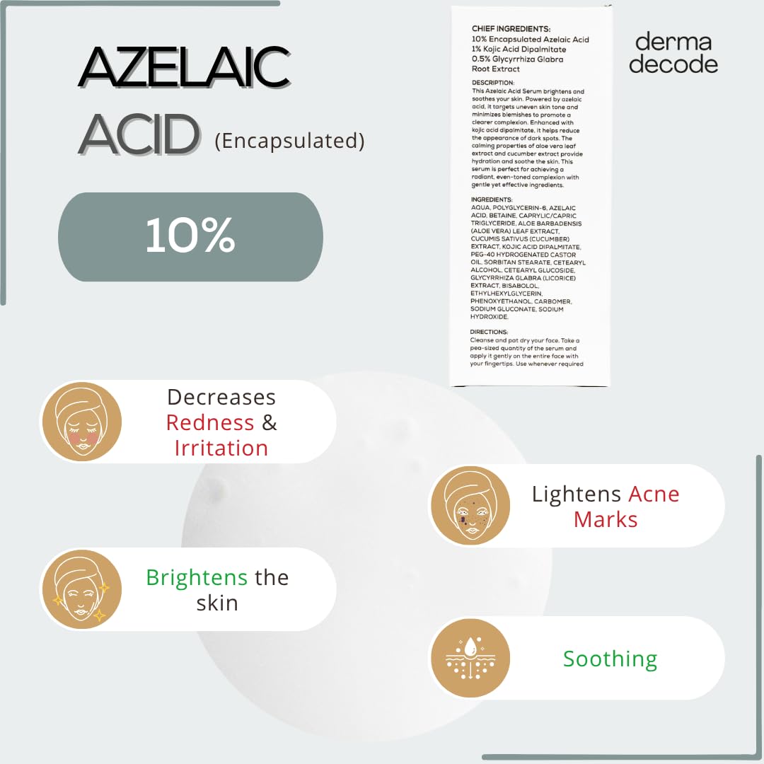 Derma Decode Azelaic Acid Brightening Serum for Glowing Skin - 10% Azelaic Acid, 1% Kojic Acid, Reduces Acne Marks, Dark Spots, Uneven Skin Tone, With Calming Aloe Vera & Cucumber, Fragrance-Free 30ml