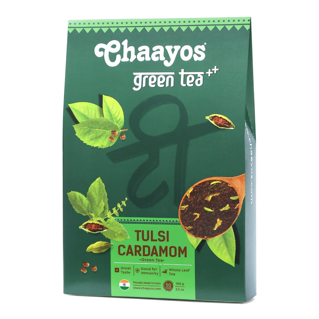 Chaayos Tulsi Cardamom Green Tea | Tulsi Cardamom Tea | Whole Leaf Loose Tea | Immunity Boosting - 100g [50 Cups] | Antioxidant Green Tea | Green Tea