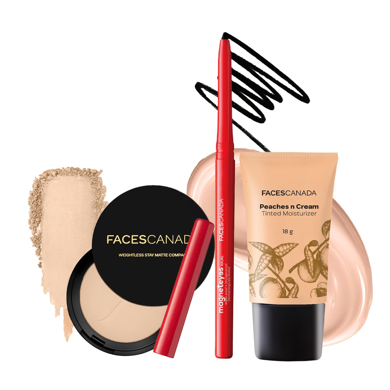FACES CANADA Dewy Shine Combo - Tinted Moisturizer - Light 01 (18 gm) + Magneteyes Kajal - Black (0.35 gm) + Weightless Stay Matte Compact Powder - Natural 02 (9 gm) | Lightly Tinted BB Cream | Flawless Finish | Waterproof & Smudgeproof