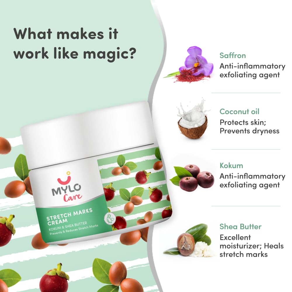 Mylo Care Stretch Marks Cream for Pregnancy with the Goodness of Shea Butter, Saffron, Kokum Butter and Aloe Vera, Australia Certified Toxin Free, No Mineral Oils - 100ml (Pack of 1)