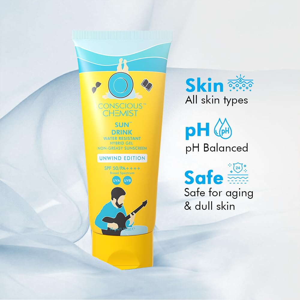 Conscious Chemist® Dewy Ceramide Sunscreen SPF 50 PA++++ | For Oily Skin | Water Resistant UVA/B Protection | Fragrance-Free | For Men & Women | All Skin Types - Sun Drink (Unwind Edition) | 50g