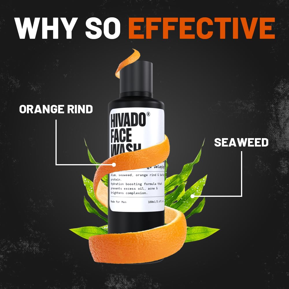 Hivado Face Wash for Men | Deep Cleanse & Oil Control | Fights Acne, Pimples & Blackheads | Brightens & Refreshes Skin | Alum, Orange Extract, Barley Protein & Seaweed | Sulfate-Free | 100ml