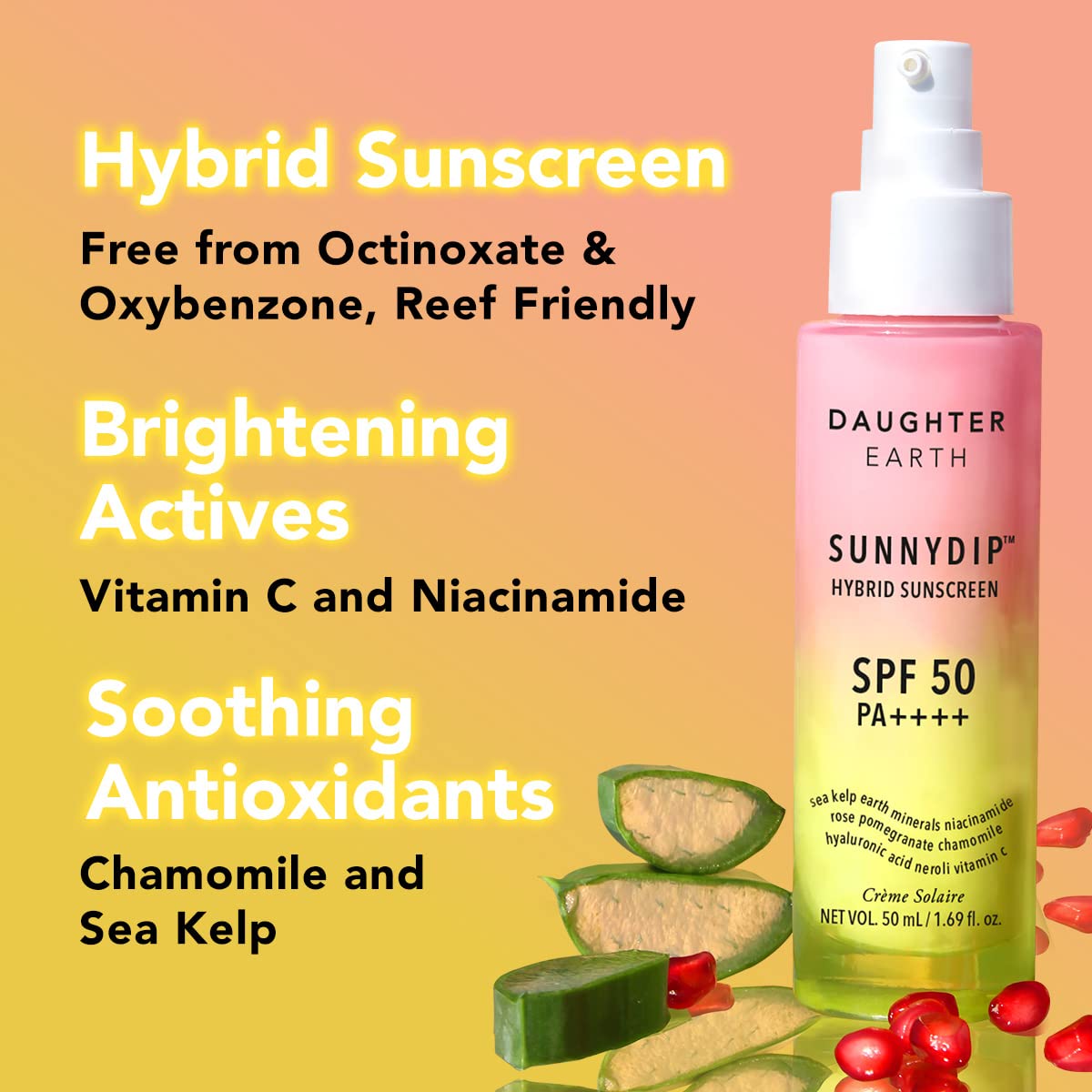 DAUGHTER EARTH Sunnydip Hybrid Sunscreen SPF 50 PA++++ | No White Cast, Hydrating Broad Spectrum, Very High Protection With Vitamin C & Sea Kelp | Lightweight, Non-Greasy For All Skin Types - 50ml