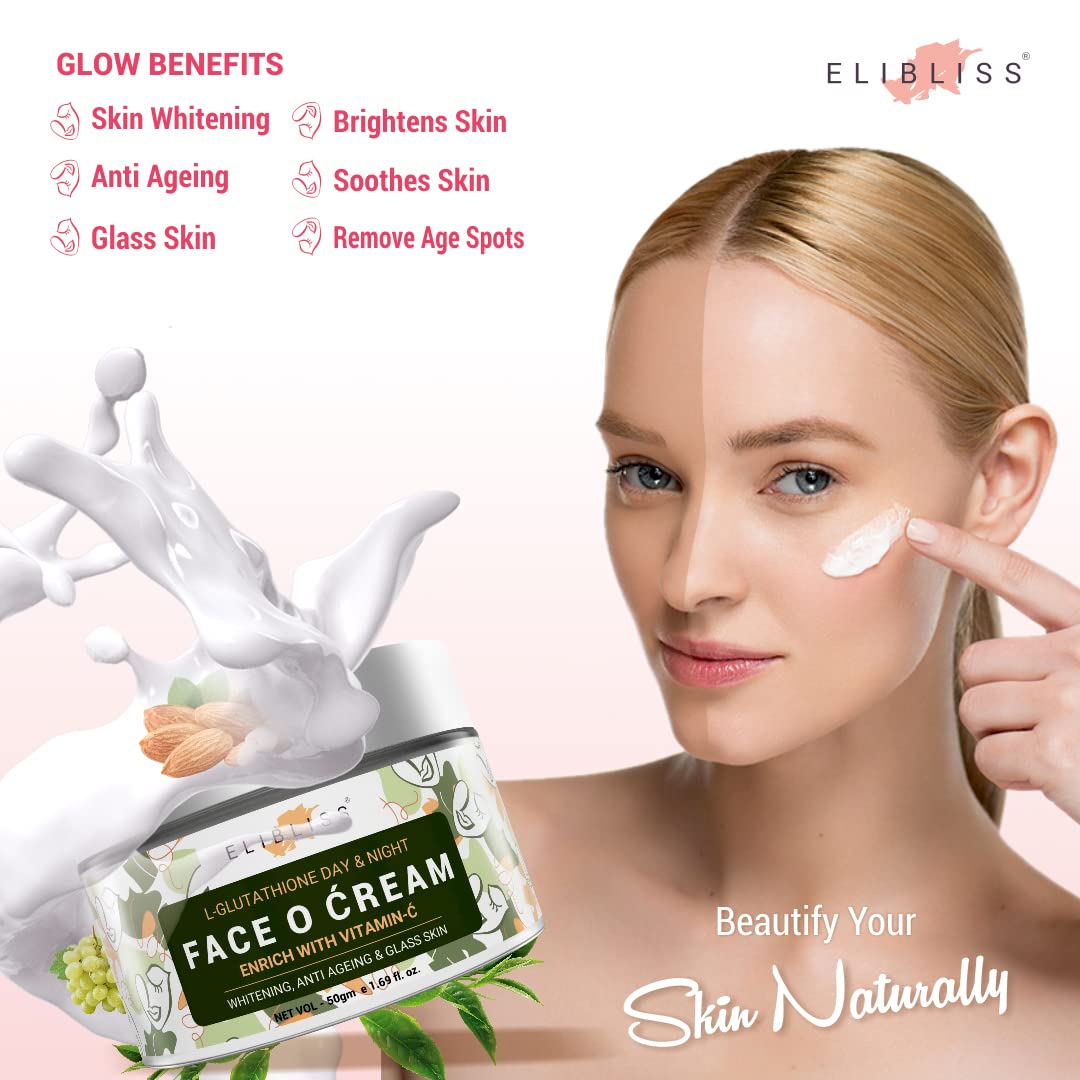 Elibliss L-Glutathione Face Cream Enriched with Vitamin C | Skin Brightening & Anti-Ageing Cream | Reduces Pigmentation, Fine Lines & Dark Spots | Long Lasting Hydration | For Women & Men 50g x 2