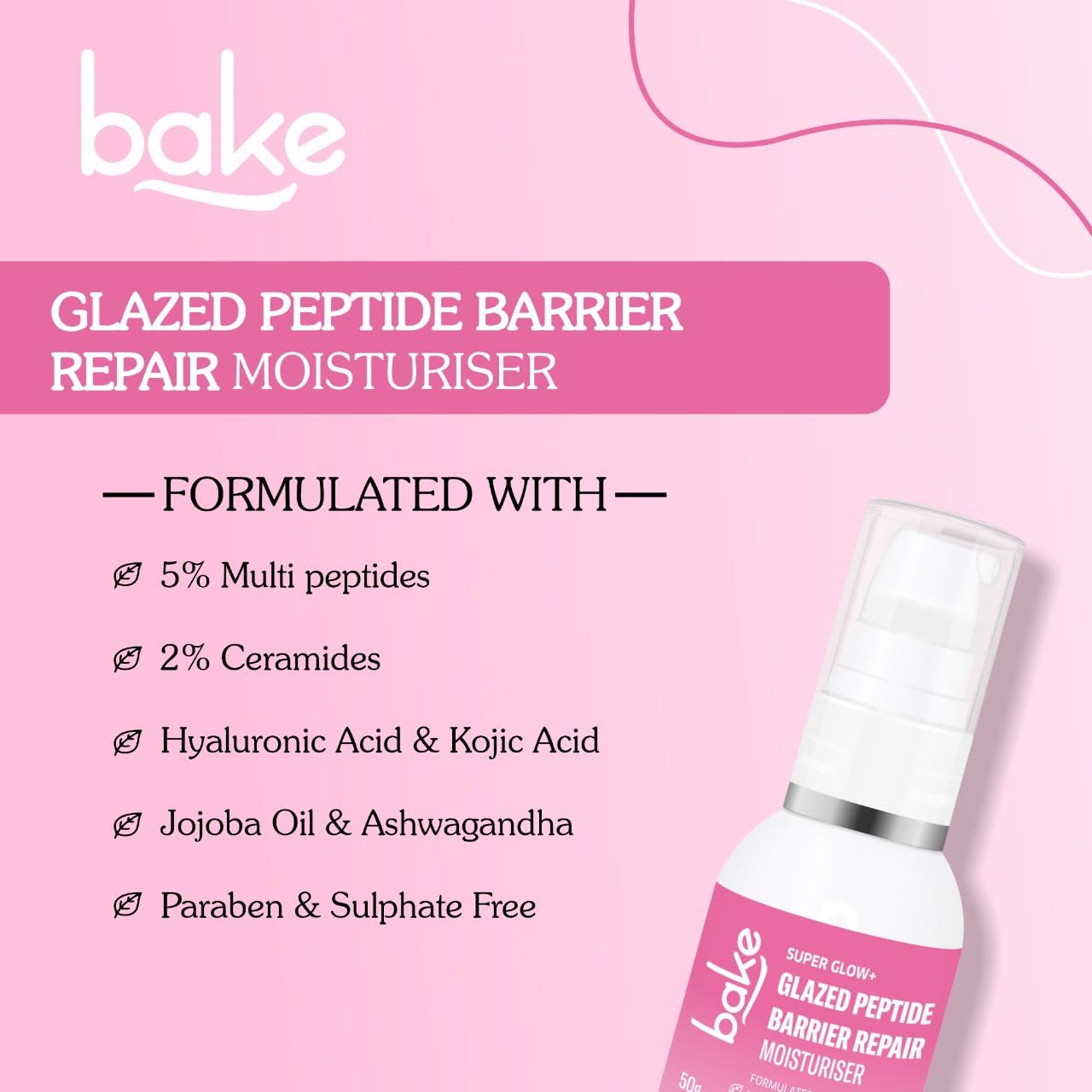BAKE 5% Multi Peptide & 2% Ceramide Moisturizer with Hyaluronic Acid | Oil Free Barrier Repair Moisturizer | Lightweight & Non Sticky | 50g