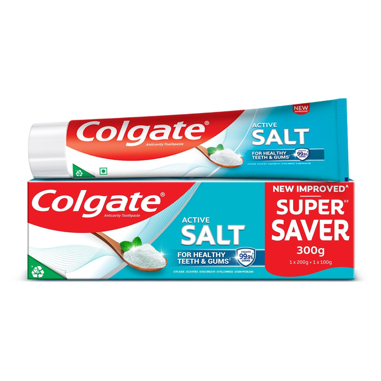 Colgate Active Salt Toothpaste, Daily Germ Protection, Combo Pack of 200g+100g, Toothpaste with Salt and Mint, Healthy Gums & Teeth, Tooth paste that Fights Germs & Provides Fresh Breath