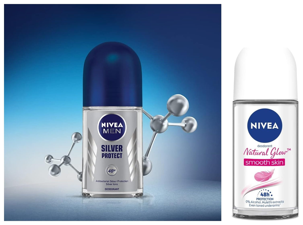 NIVEA Men Deodorant Roll On, Silver Protect, 50ml And NIVEA Deodorant Roll-on, Whitening Smooth Skin, 50ml