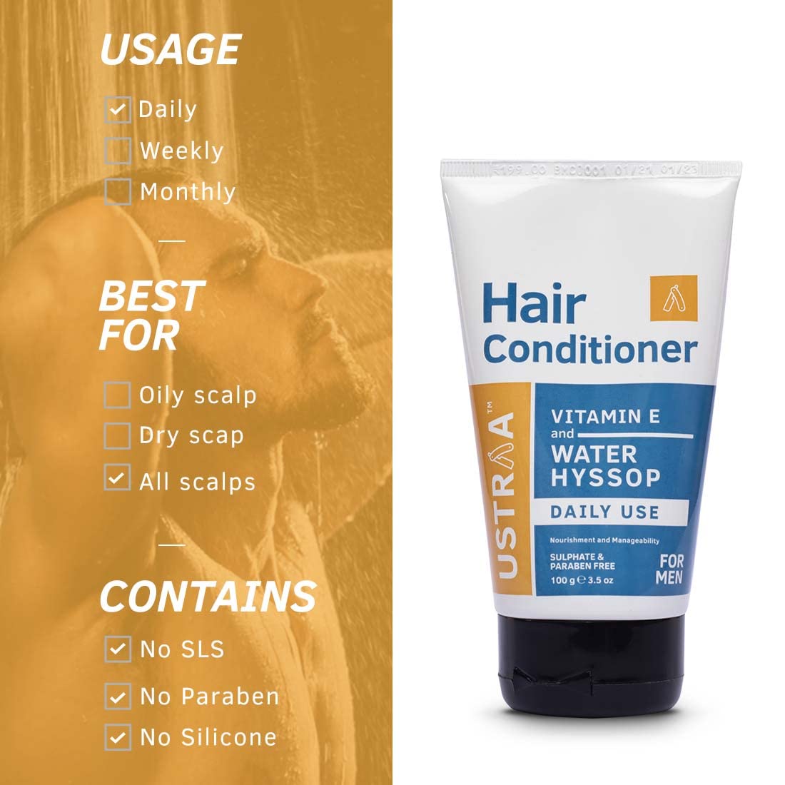 USTRAA Daily Use Hair Conditioner - 100gm - Daily Use Post-Shampoo Conditioner | No SLS No Paraben |with Water Hyssop (Brahmi) & Vitamin E | For All Scalp Types