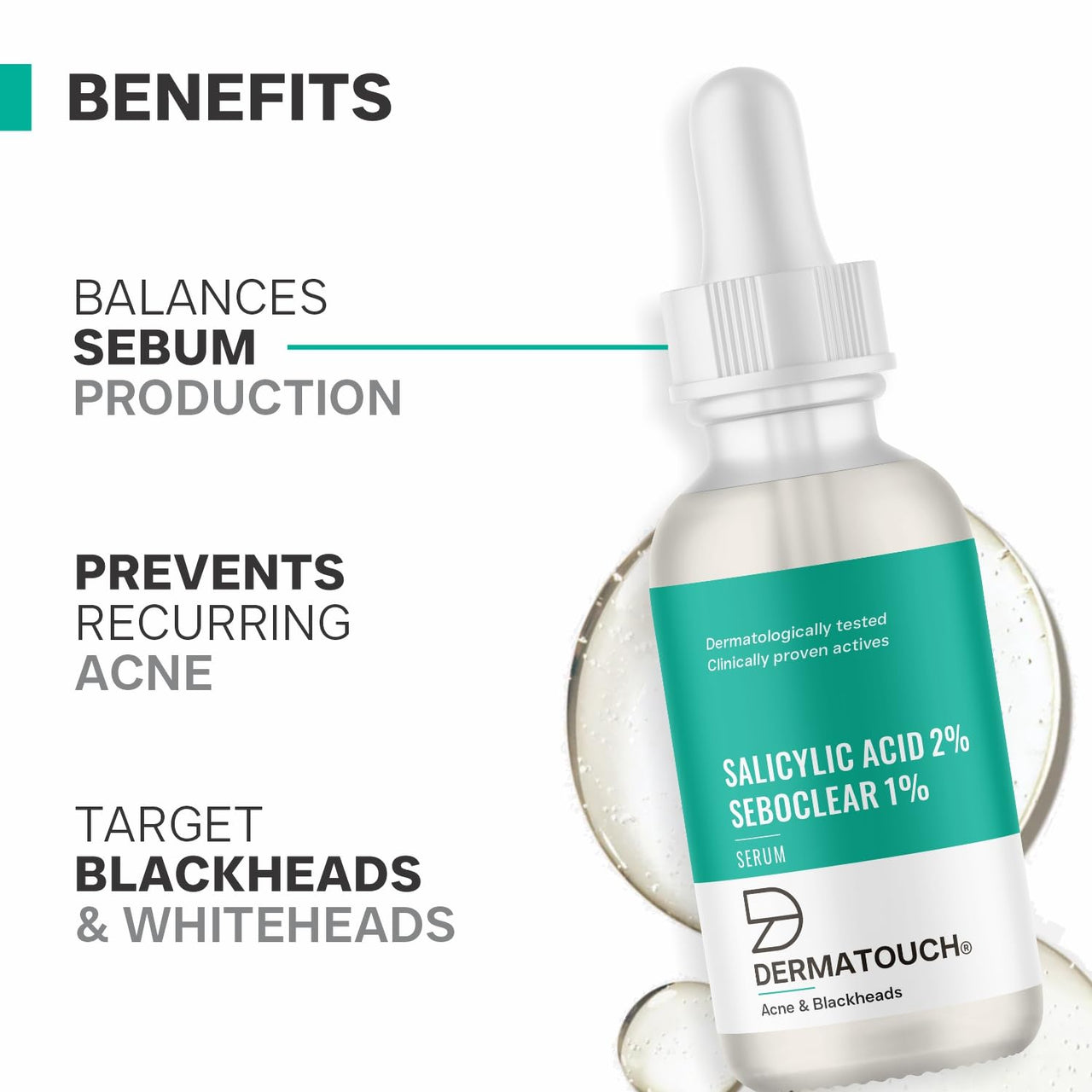 DERMATOUCH Salicylic Acid 2% Seboclear w/w 1% Face Serum | For Acne & Blackheads | Specially for Acne-prone & Oily Skin | 30ml