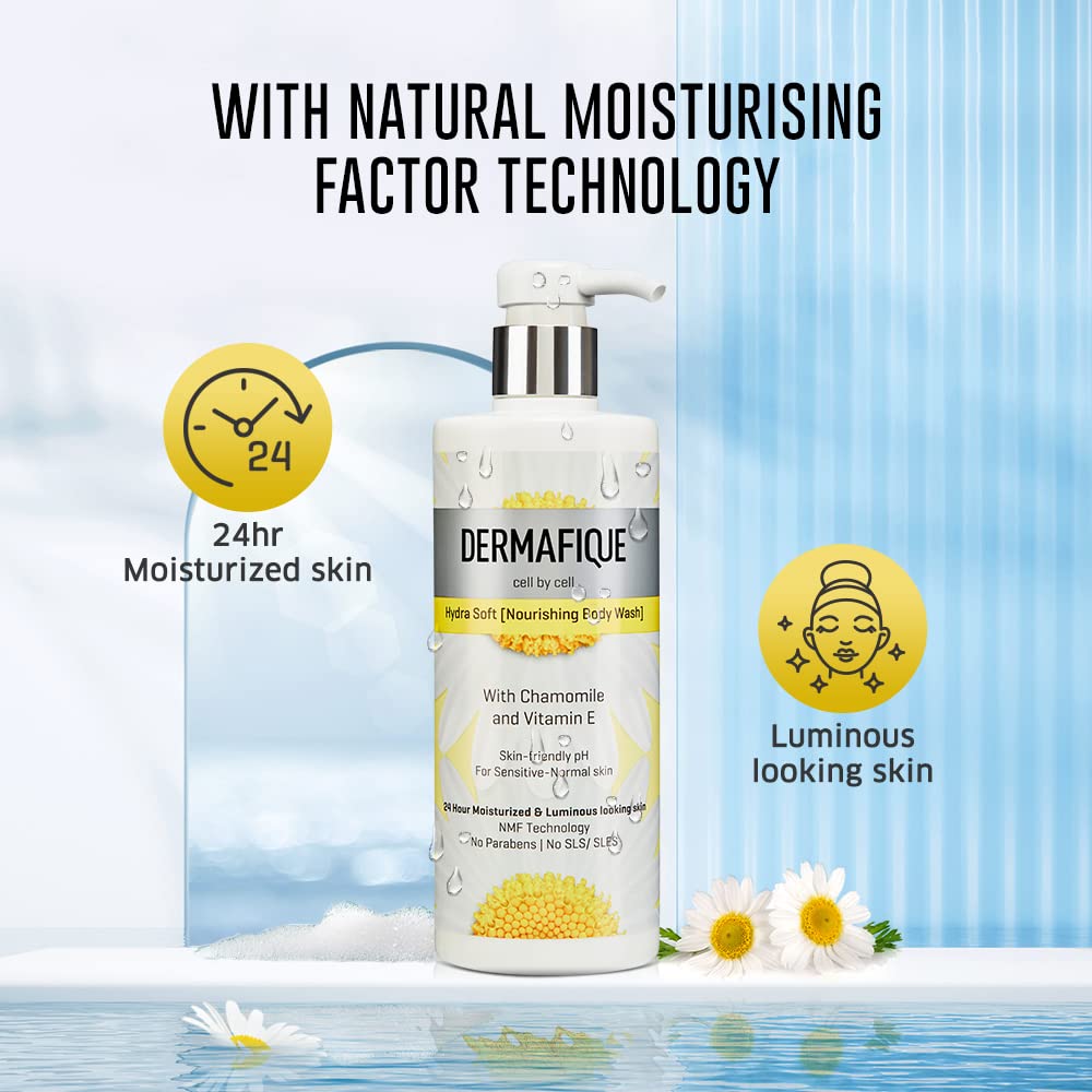 Dermafique Hydra Soft Nourishing Body Wash – 500ml, Showergel for Women & Men, No Parabens/SLS/SLES, With Vitamin E & Chamomile, Suitable for Sensitive - Normal Skin | Dermatologist Tested