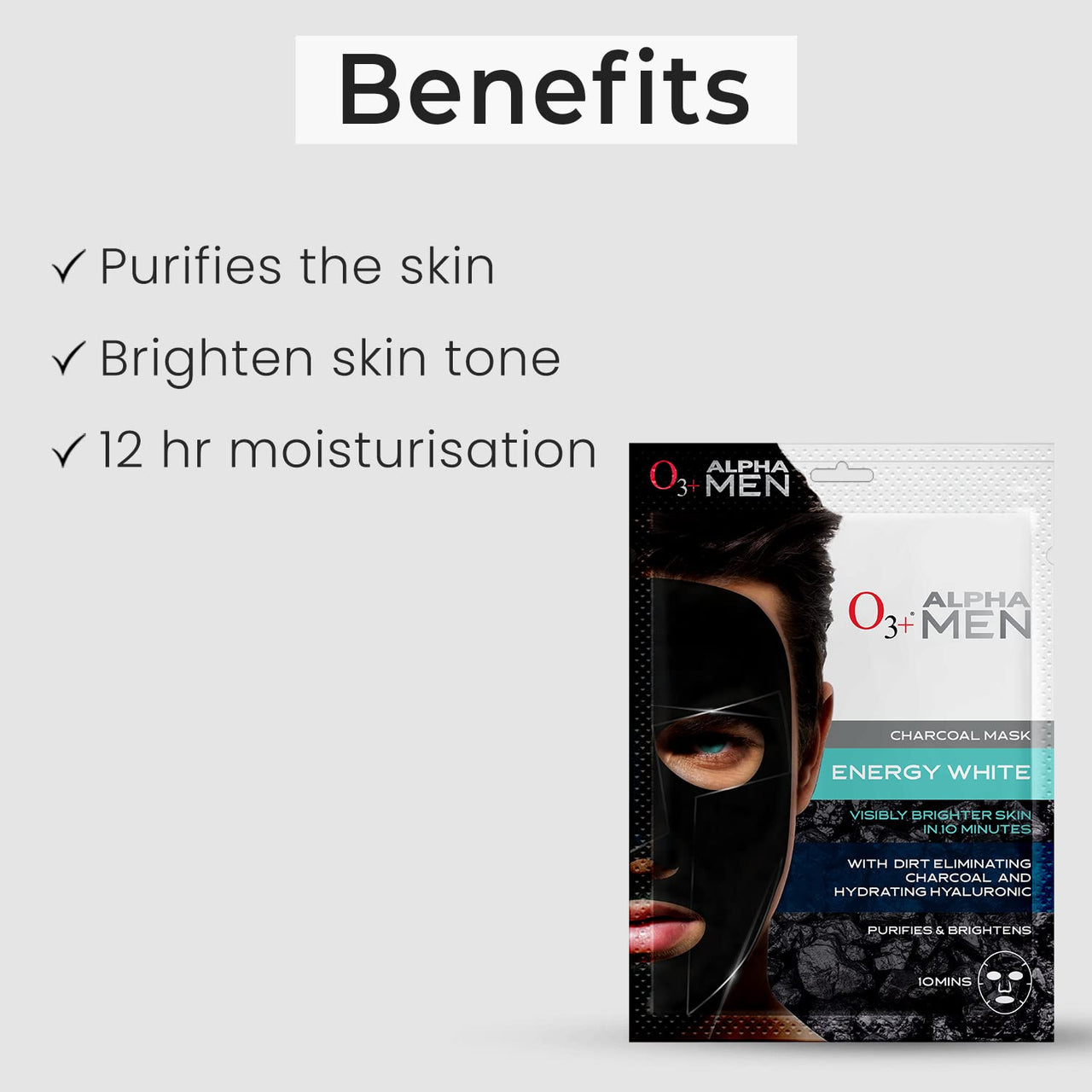O3+ ALPHA MEN Energy White Charcoal Face Sheet Mask 30g with Charcoal & Hydrating Hyaluronic to Purify & Brighten Skin & O3+ ALPHA MEN Acno D-TAN Face Wash with Hyaluronic & Mint, 50ml Combo