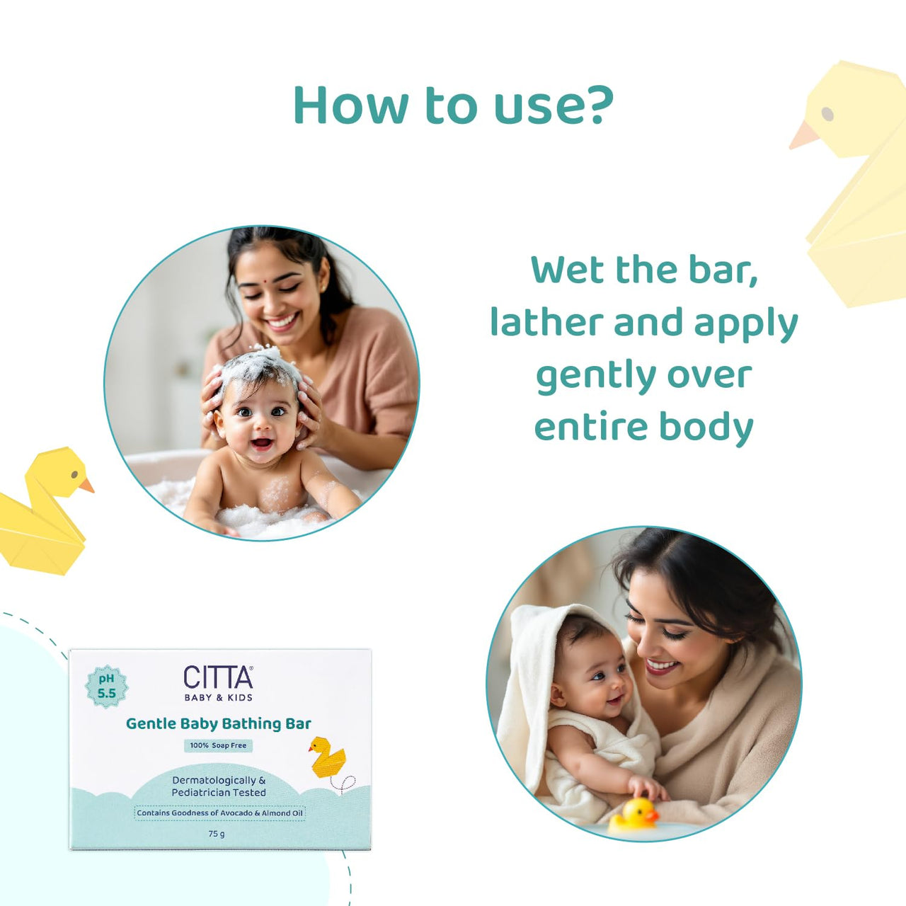 CITTA Gentle Baby Bathing Bar for Sensitive Skin | Newborn & Kids | Cleansing & Moisturizing | 100% Soap Free, Tear-Free,75 gm