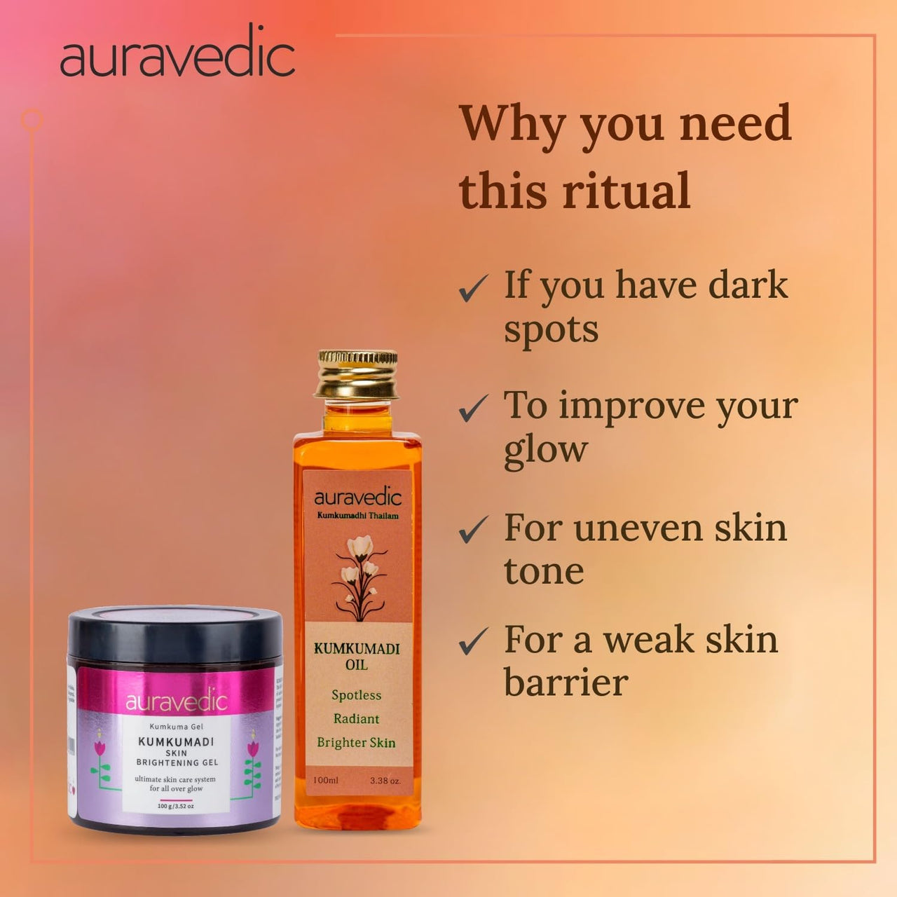 Auravedic Kumkumadi Brightening Gel And Kumkumadi Tailam Kumkumadi Face Oil For Glowing Skin Kumkumadi Gel 100 Gms With Kumkumadi Oil 100 ml Day And Night Combo