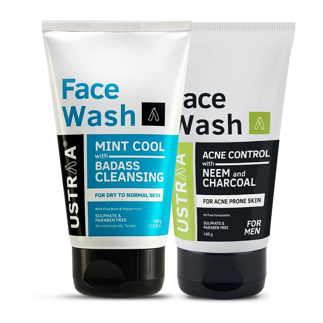 Ustraa Face Wash - Mint Cool - Dry Skin - 100g | Reduces Moisture Loss | Removes Dirt & Face Wash Acne Control - With Neem & Charcoal - 100g - Oil control, Prevents Acne