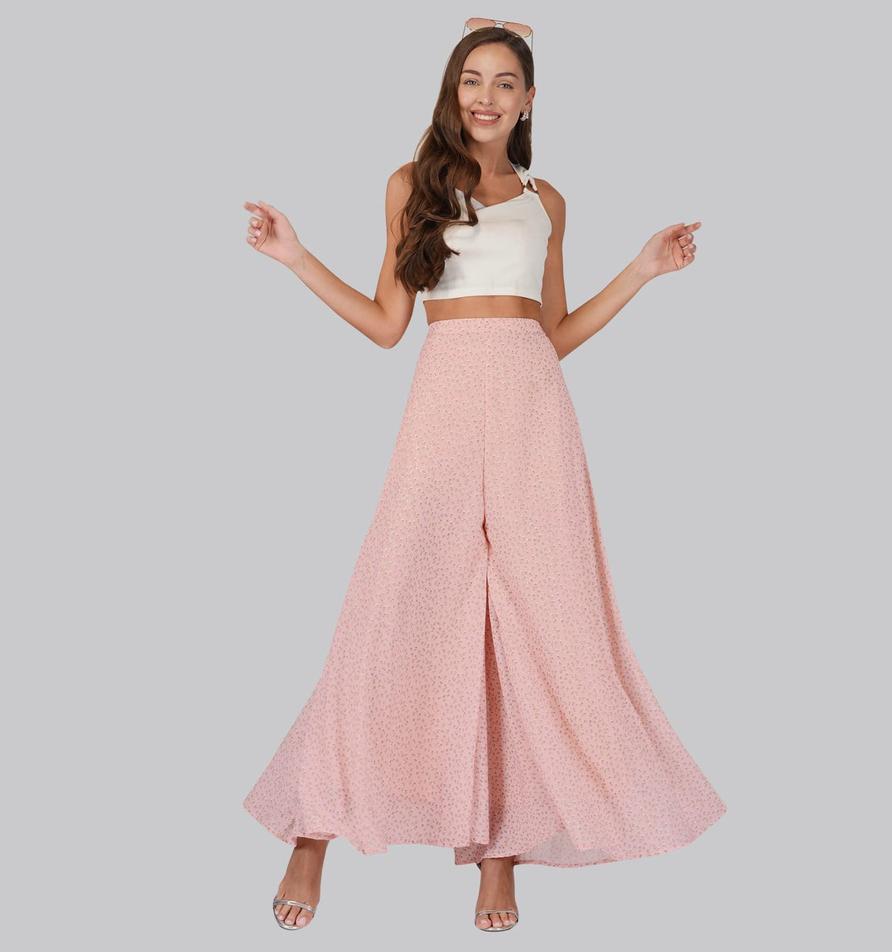 RATAN Women’s Georgette Flared Freesize Sharara Palazzo Pant with Lining M Maroon