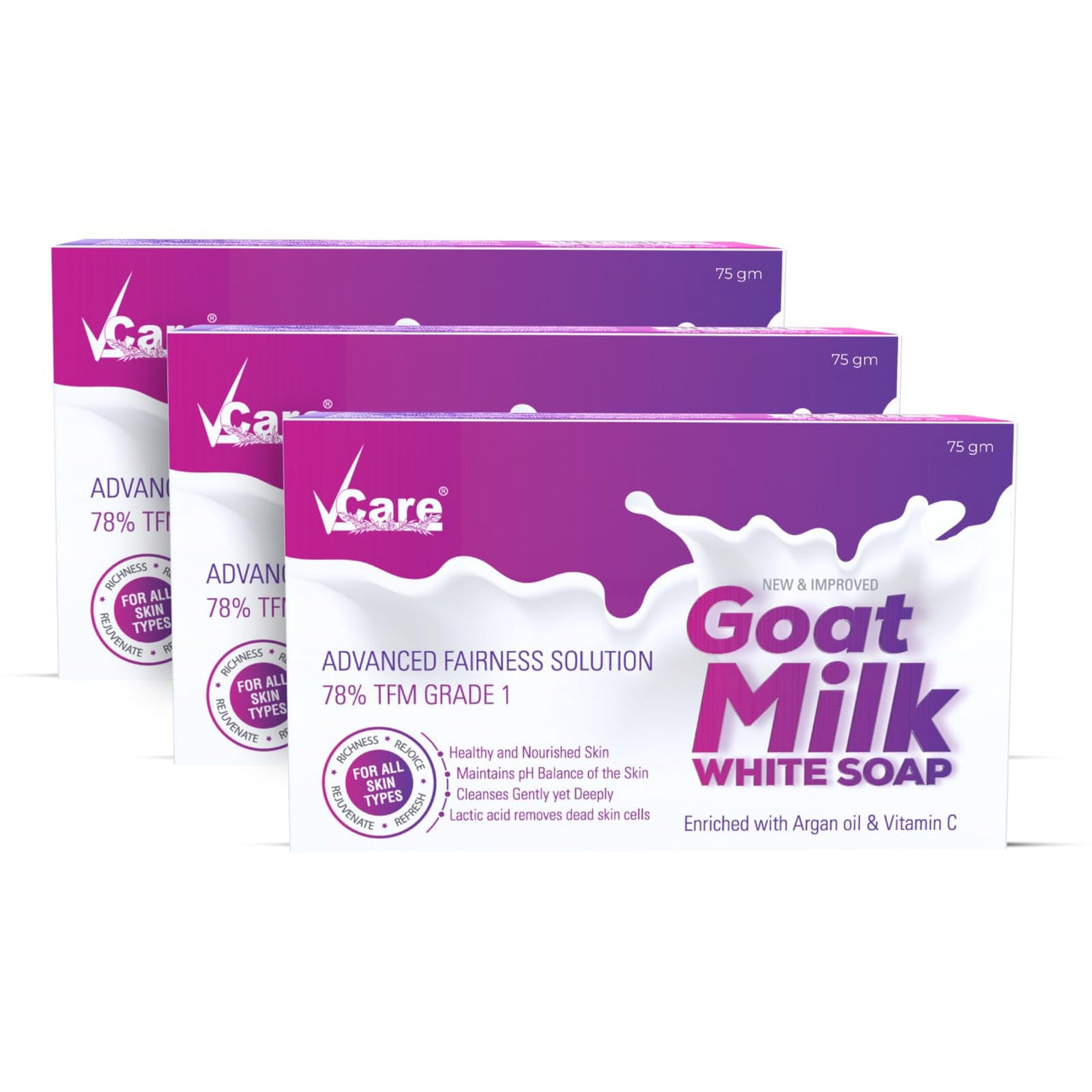 VCare Goat Milk Soap For Women & Men with Vitamin C Argan Oil for Deep Exfoliation and provides hydration | Sulfate & Paraben Free Bathing Soap Bar - 75 gms (Pack of 3)