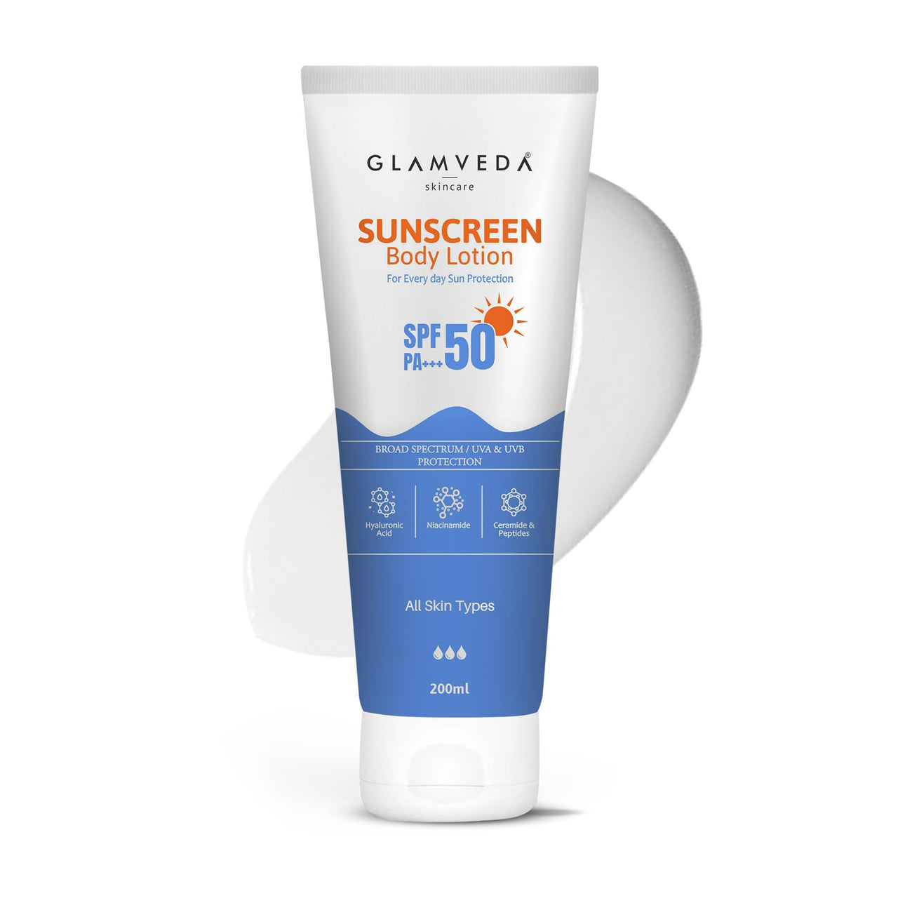 Glamveda Sunscreen Body Lotion SPF 50 PA++++ 200 ml | Broad Spectrum| No White Cast | Hydrating, Anti-Aging, Niacinamide for Brightening | Long-Lasting Moisturization For Men and Women