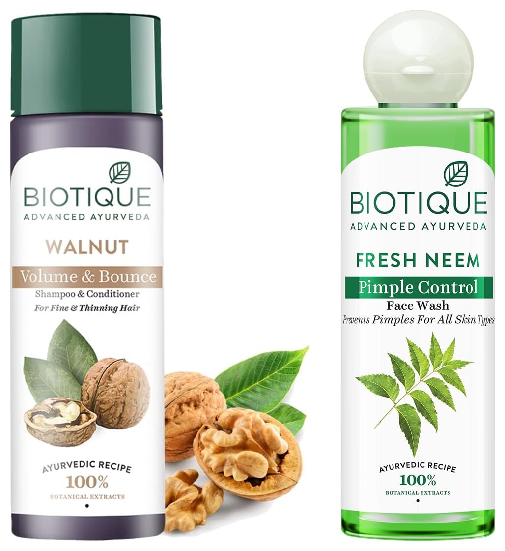 Biotique Bio Neem Purifying Face Wash, 200ml & Bio Walnut Bark Fresh Lift Body Building Shampoo For Fine & Thinning Hair, 190ml