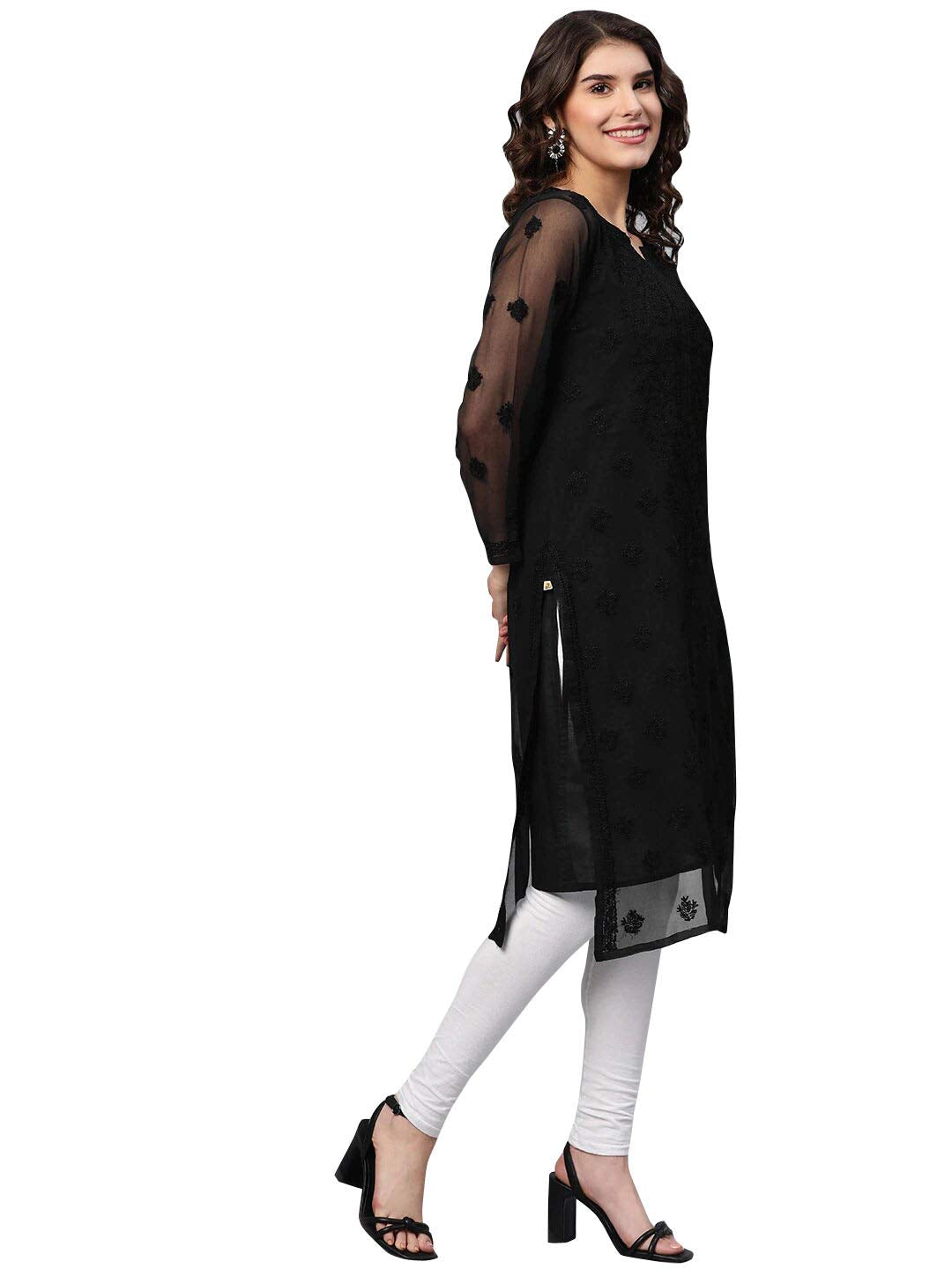 Ada Lucknowi Hand Embroidered Chikankari Women's  Georgette Kurta Kurti with Slip