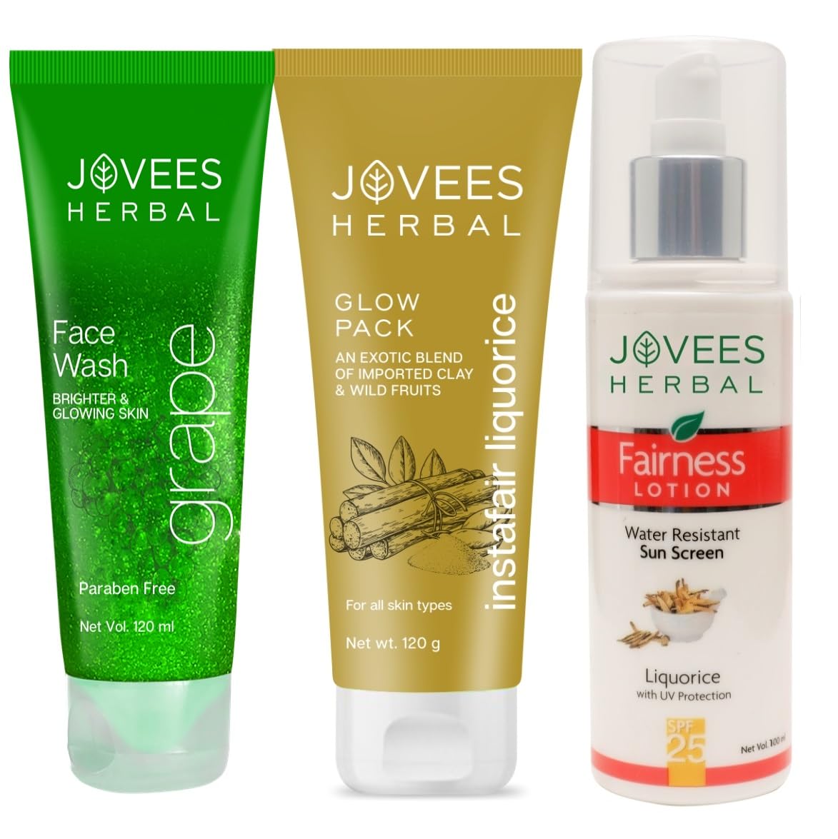Jovees Herbal Grape Fairness Facewash 120 ML, Insta Fair Liquorice Glow Pack 120 g, Fairness Lotion SPF 25 100 ML For Dull Skin Set Of 3