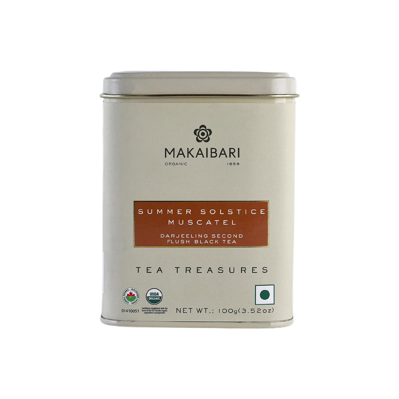 Tea Treasure Makaibari Summer Solistice Mascatle | 100 gm Tin caddy | Second Flush Black Tea | Loose tea | Black tea | Organic Certified | Whole Leaf Tea