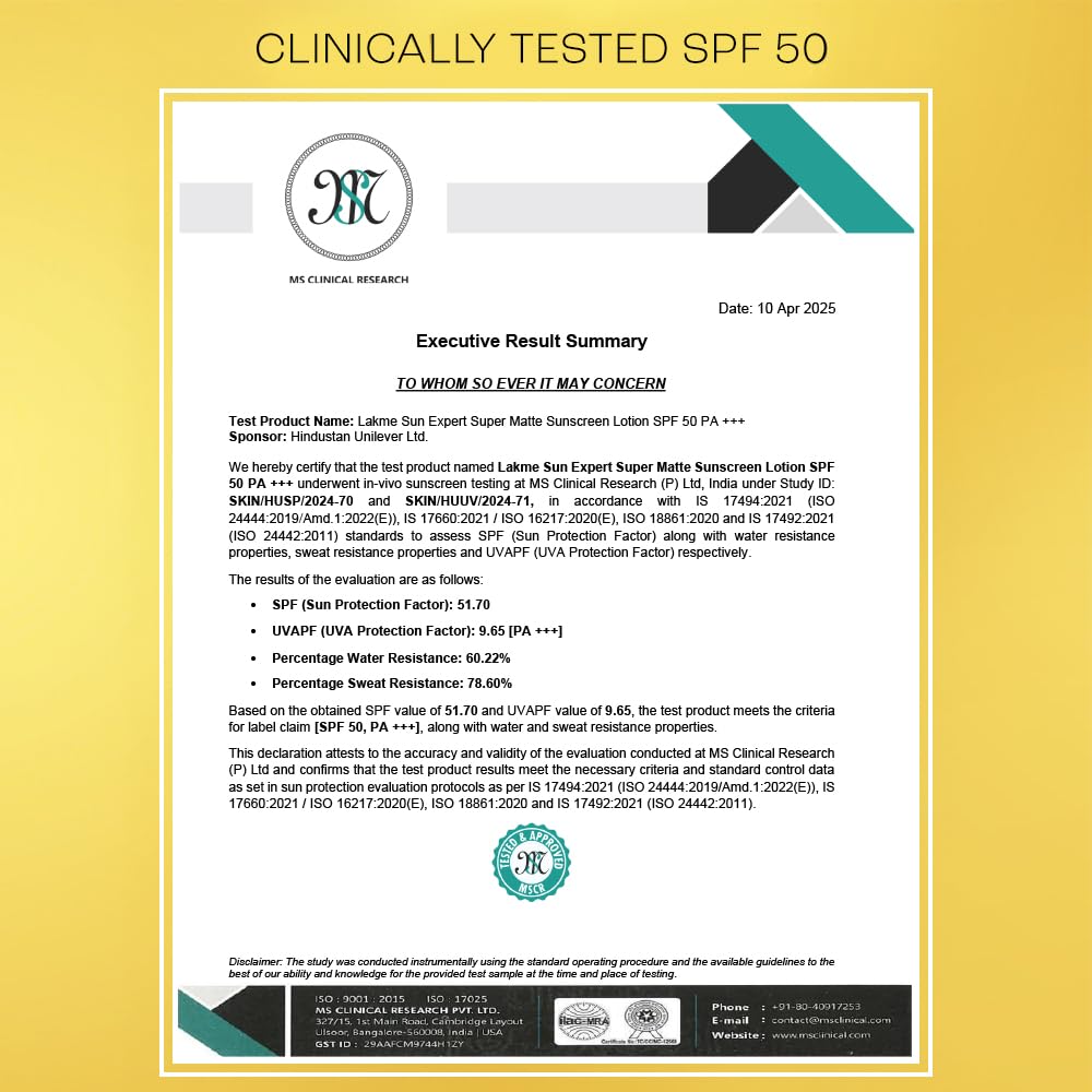 Lakme Sun Expert SPF 50 PA+++ Ultra Matte Lotion Sunscreen, Lightweight, Non Sticky, Non Greasy, Blocks Upto 97% Harmful Sunrays, 100 ml