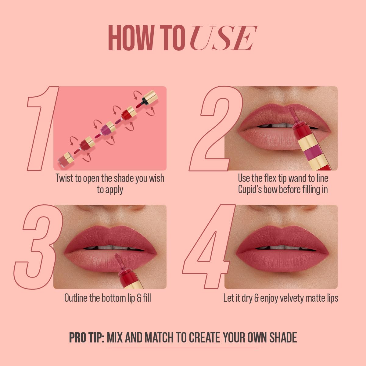 MyGlamm Super 4 Liquid Lipstick Stack - Nude Mood (Rose + Mauve + Brown + Pink) | Lipstick Combo Of 4 | Non Transfer, Smudge Proof 4 in 1 Velvet Matte Lipstick (4.8ml)