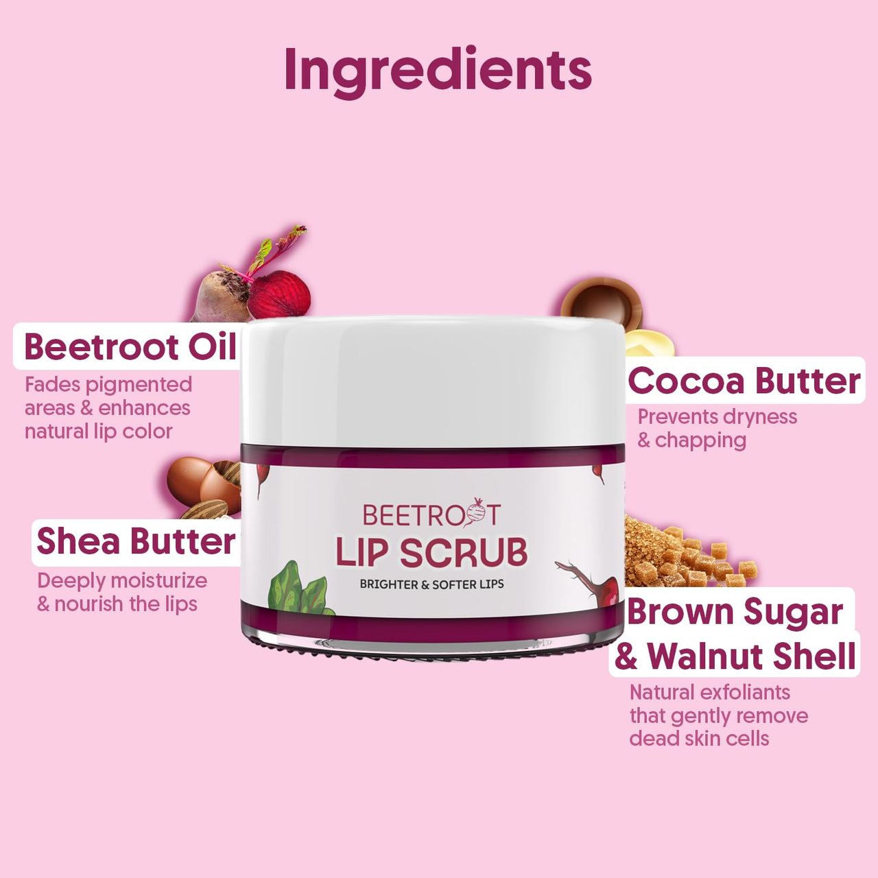 Aravi Organic Beetroot Lip Scrub with Shea Butter & Cocoa Butter – For Dark, Chapped & Pigmented Lips – Suitable for Men and Women – 15 gm